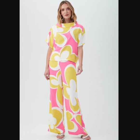Trina Turk Verity Bright Pink & Yellow Retro Floral Wide Leg Pants 0 - Picture 3 of 8